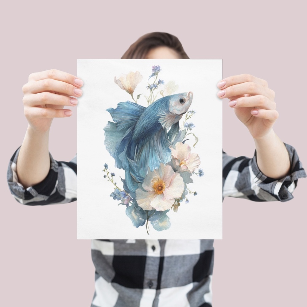Watercolor Betta Fish with Flowers Wall Art Print Unframed - Enchanting Aquatic - Picture 4 of 6